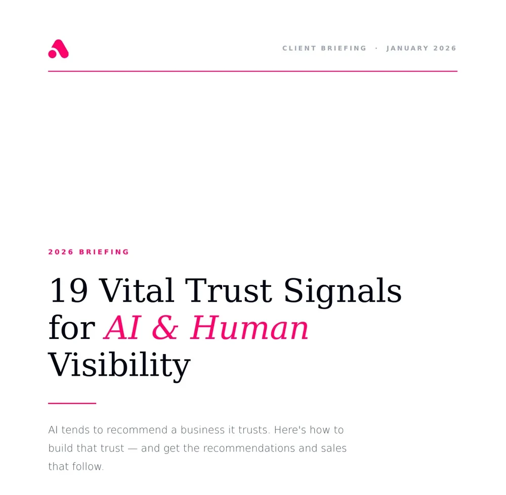 Cover of the free briefing, 19 Vital Trust Signals for AI & Human Visibility