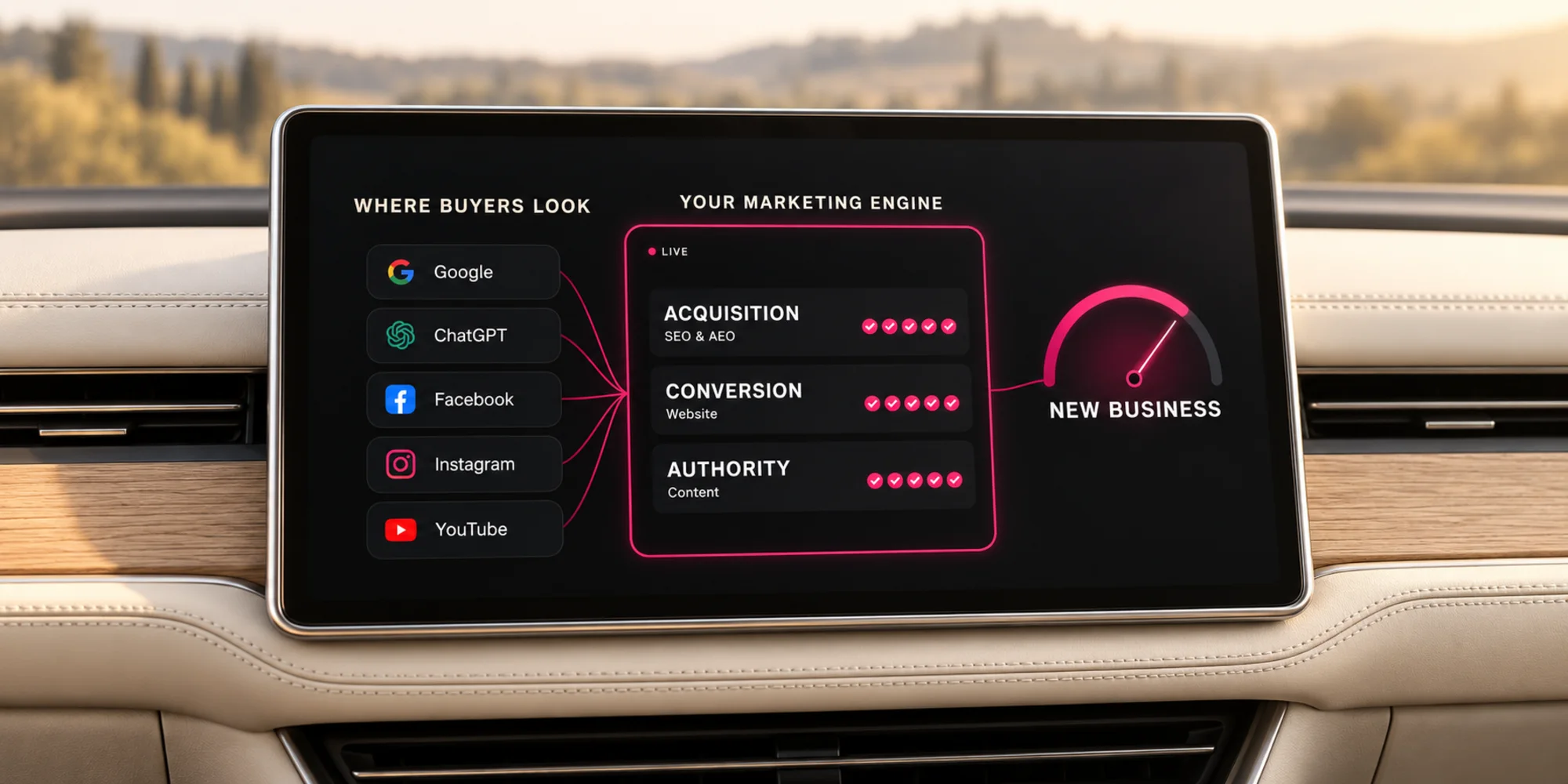 Your marketing engine: where buyers look (Google, ChatGPT, Facebook, Instagram, YouTube) flowing into acquisition, conversion and authority, driving new business