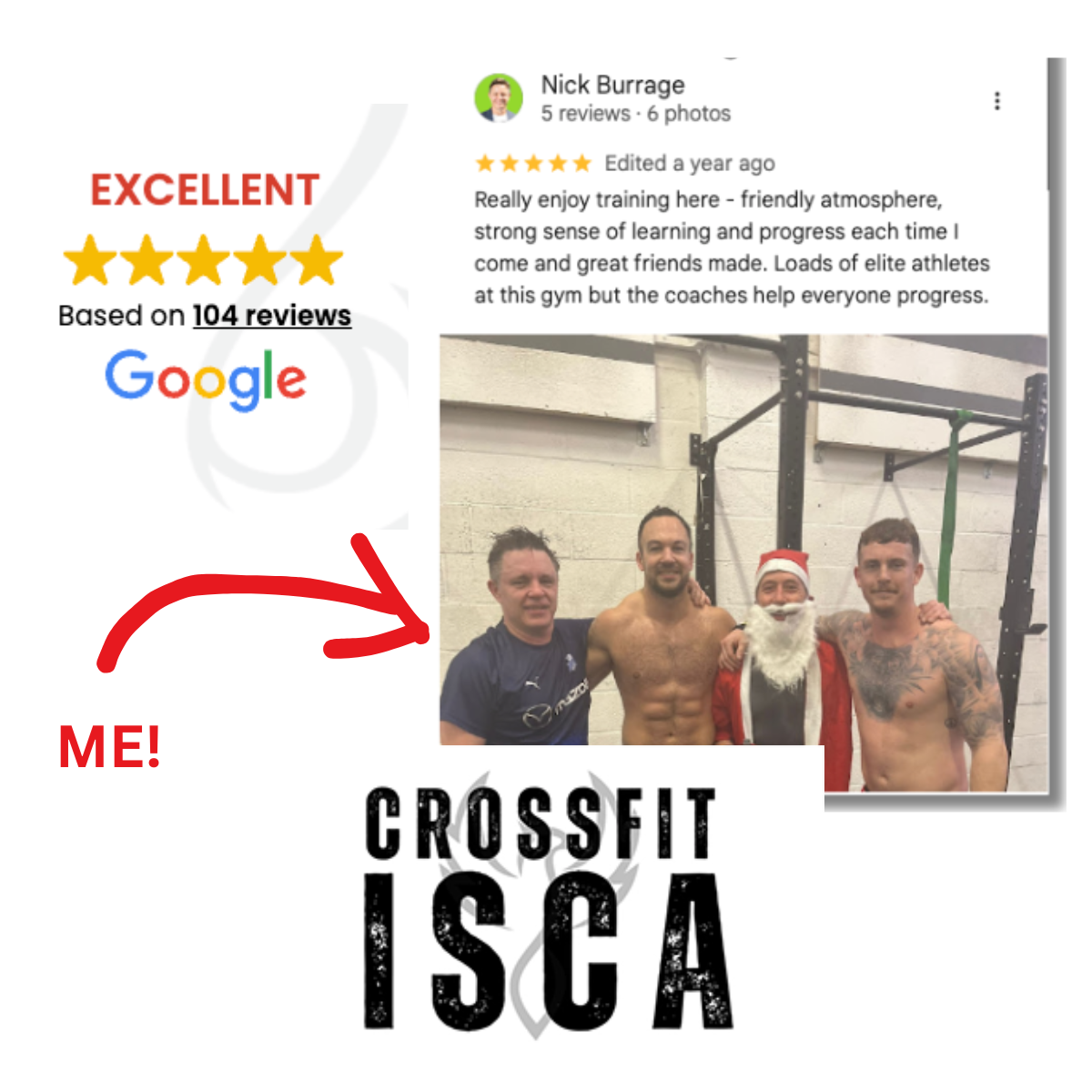 Nick Burrage's five-star review of his own gym, showing the review automation system in action.